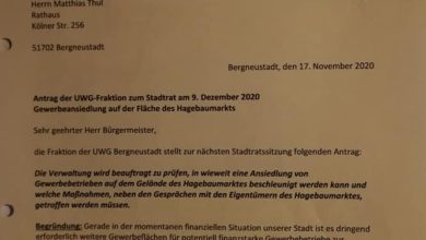 Antrag UWG Bergneustadt - Hagebaumarktfläche - Reaktivierung Extra-Fläche Othestrasse.