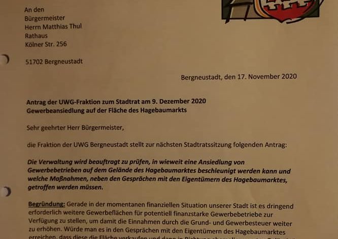 Antrag UWG Bergneustadt - Hagebaumarktfläche - Reaktivierung Extra-Fläche Othestrasse.