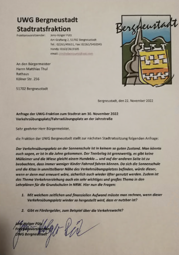 UWG Anfrage Verkehrsübungsplatz Bergneustadt.