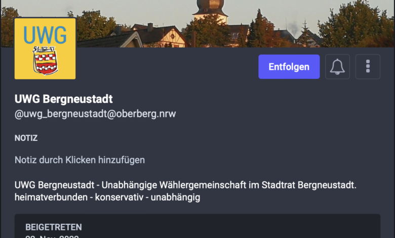 Mastodon Account bei Oberberg.NRW von der UWG Bergneustadt.